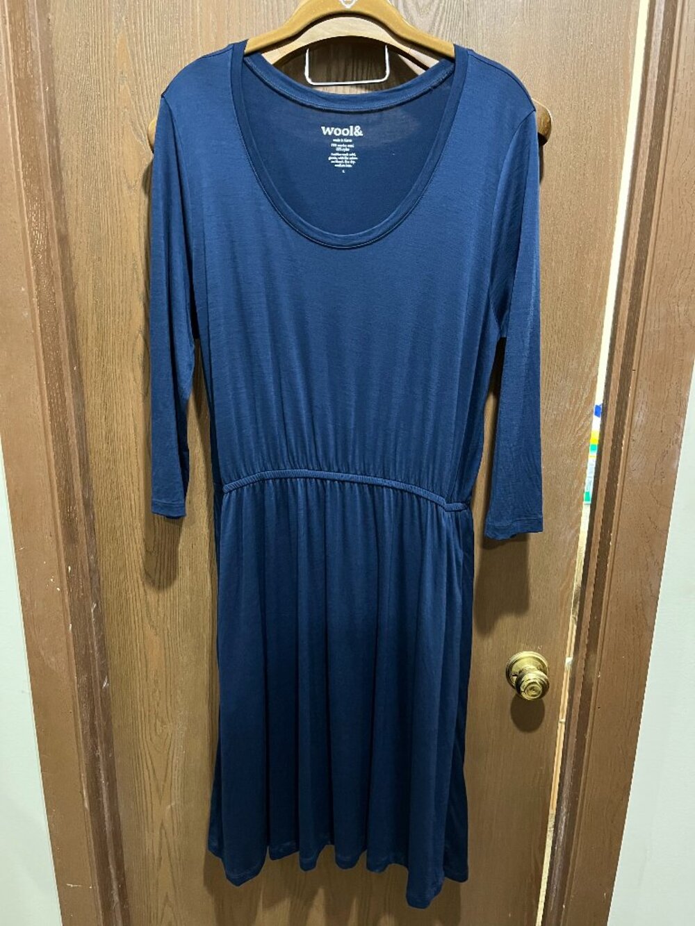 Wool& Merino Wool Blend Dress L Navy Blue 3/4 Sleeve Pockets elastic waist